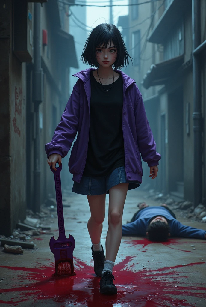 A 16-year-old girl with short hair, wearing a black short-sleeved shirt underneath, a purple jacket, holding a large purple wrench with blood on it, wearing black shorts, walking past the corpse she made.