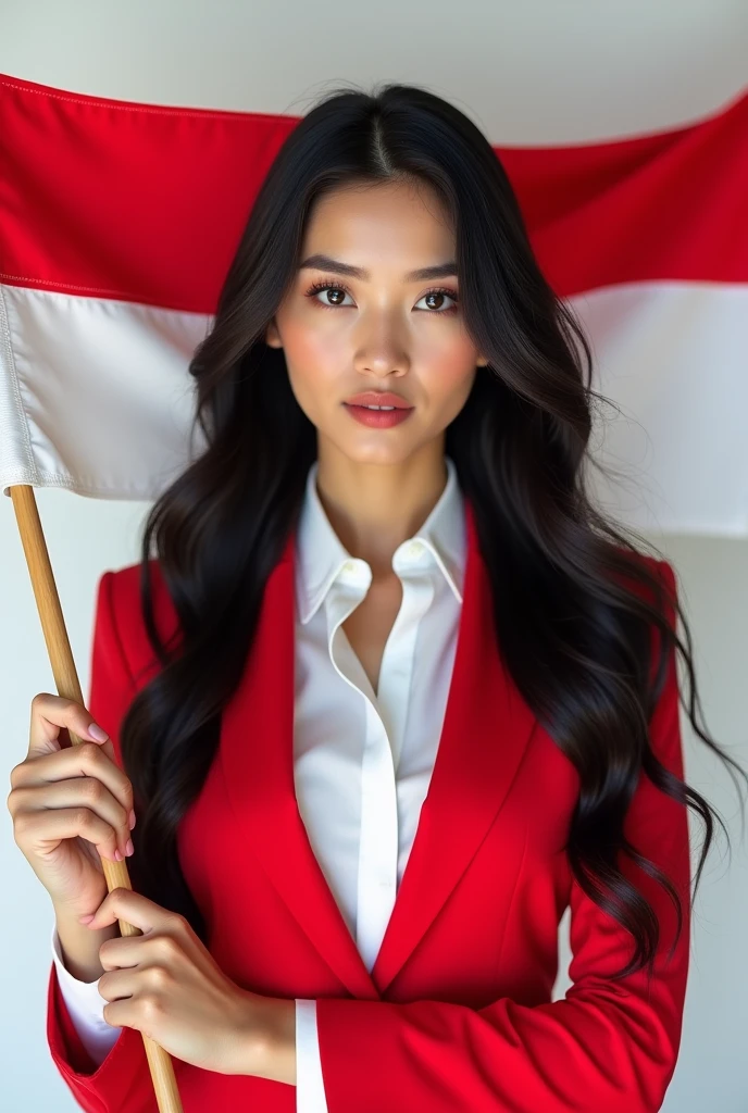 Portrait, Beauty Woman, Long Hair, Black Hair, Hold Indonesian Flag, Shirt, Focus Camera, Blazer Red, Tie, White Background
