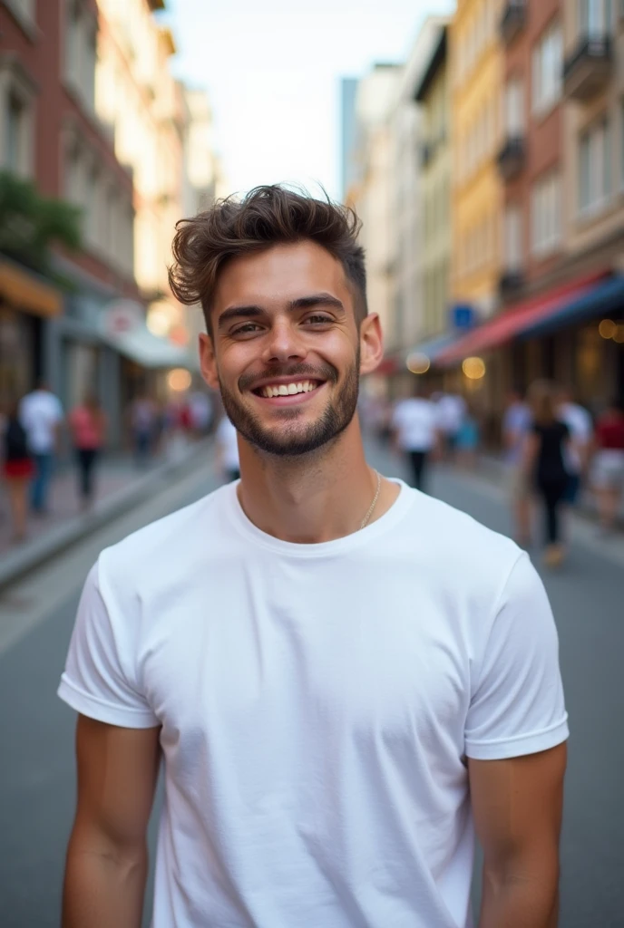 Young gay man in a white t-shirt in a city looking at the camera smiling. photo by full body 