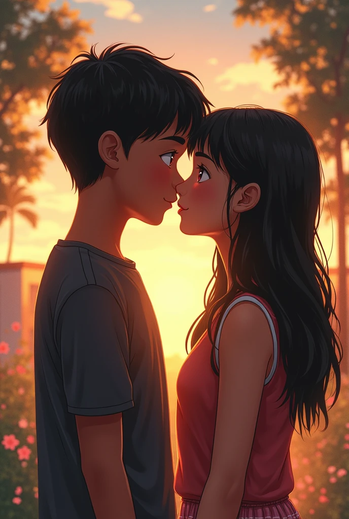 A sixth-grade boy in school, dark-skinned with straight, black hair, is in love with a girl who is also dark-skinned and has straight hair. But he is sad and afraid to tell her he likes her and is crying.  Even so, he tells her he likes her and they start dating. Later, in their junior year of high school, the girl introduces her new boyfriend to her father.  Her father loves that his daughter is dating the boy and they share their first kiss, a romantic, very demonstrative and passionate kiss. 
