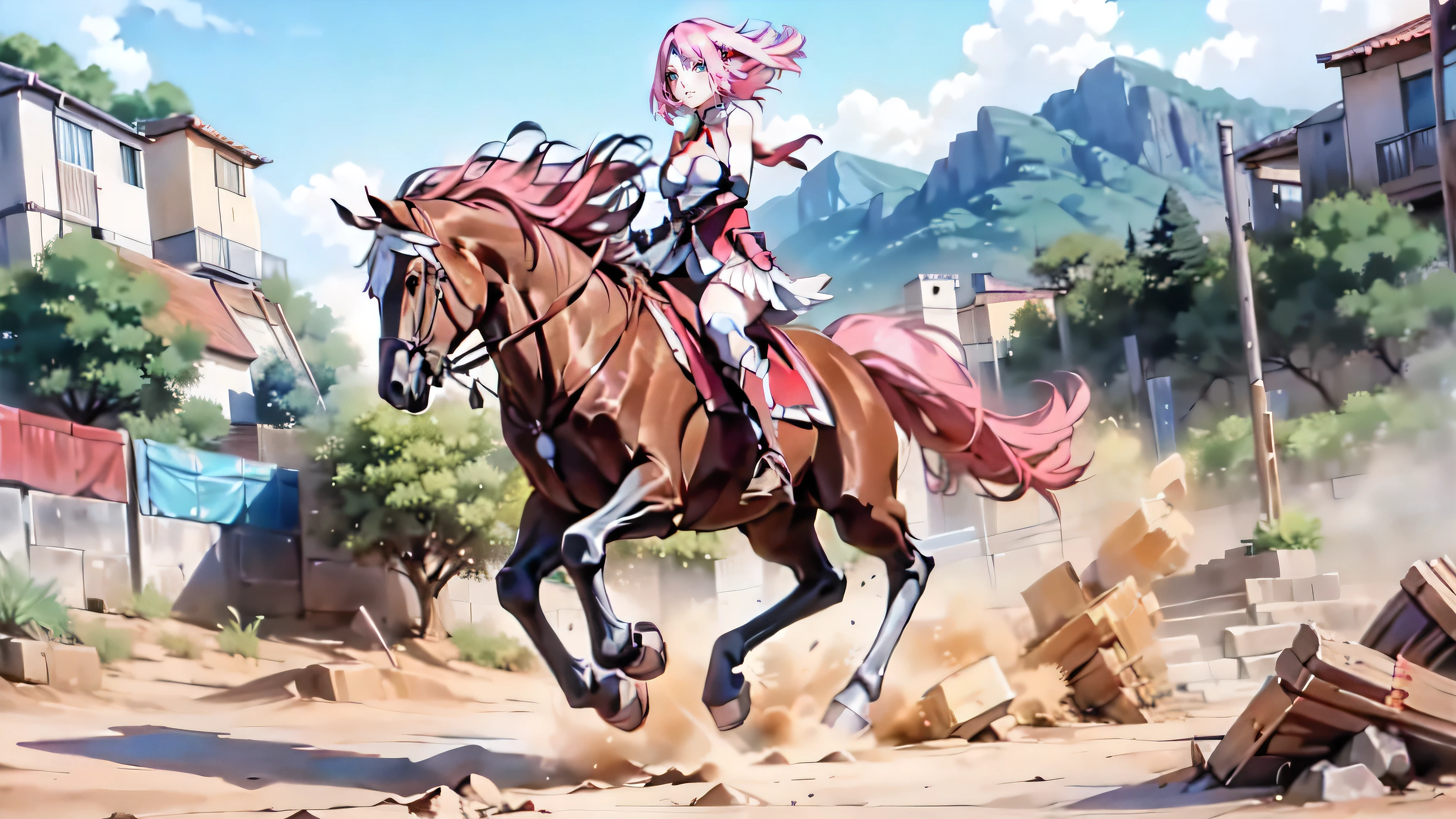 ((best quality)), ((anime masterpiece)), (high detailed), 8k, cinematic lighting, anime screencap, HDR, vivid color, sakura haruno riding a BROWN HORSE, (haruno sakura, medium hair, {pink hair}, medium , cleavaermined face, (red armor, red gauntlet, red miniskirt, red boots), mountains, outdoor, open field, ((from side: 1.2)), anatomically correct