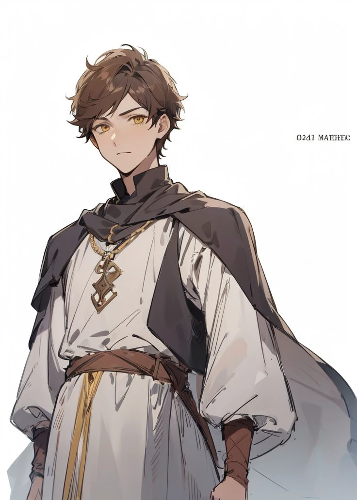 1boy, anime boy, young man, 20 years old, standing, brown hair {{medium hair}}, yellow eyes {{detailed eyes}}, medieval times, medieval tunic, masterpiece, best quality,