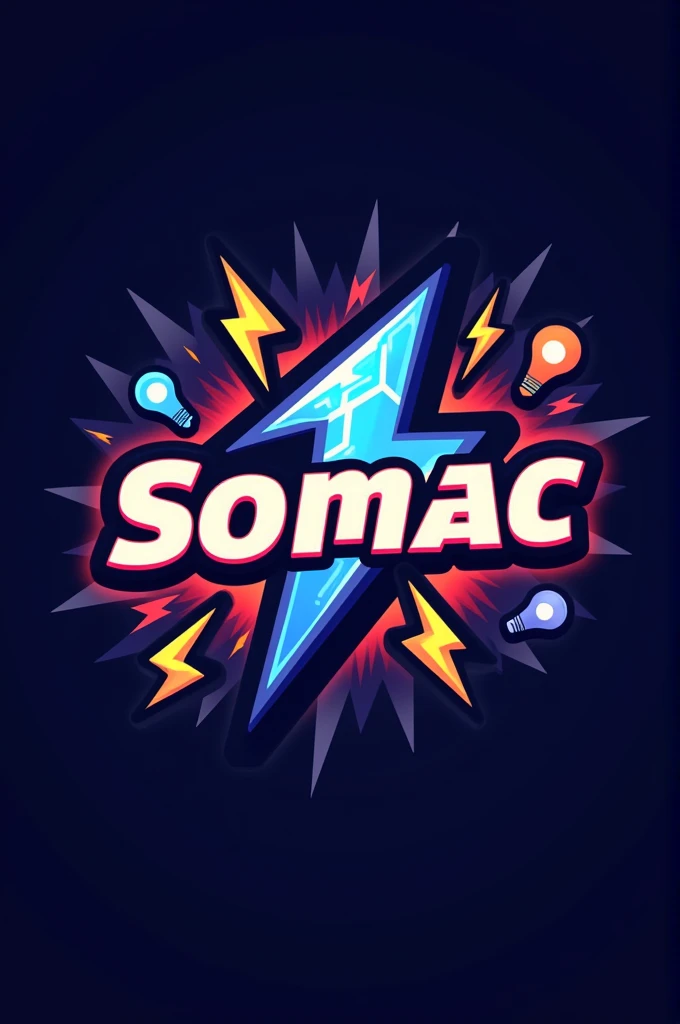 Logo for a group game at school with the name "somac" que contengo rayos ⚡ y/o bombillos 💡