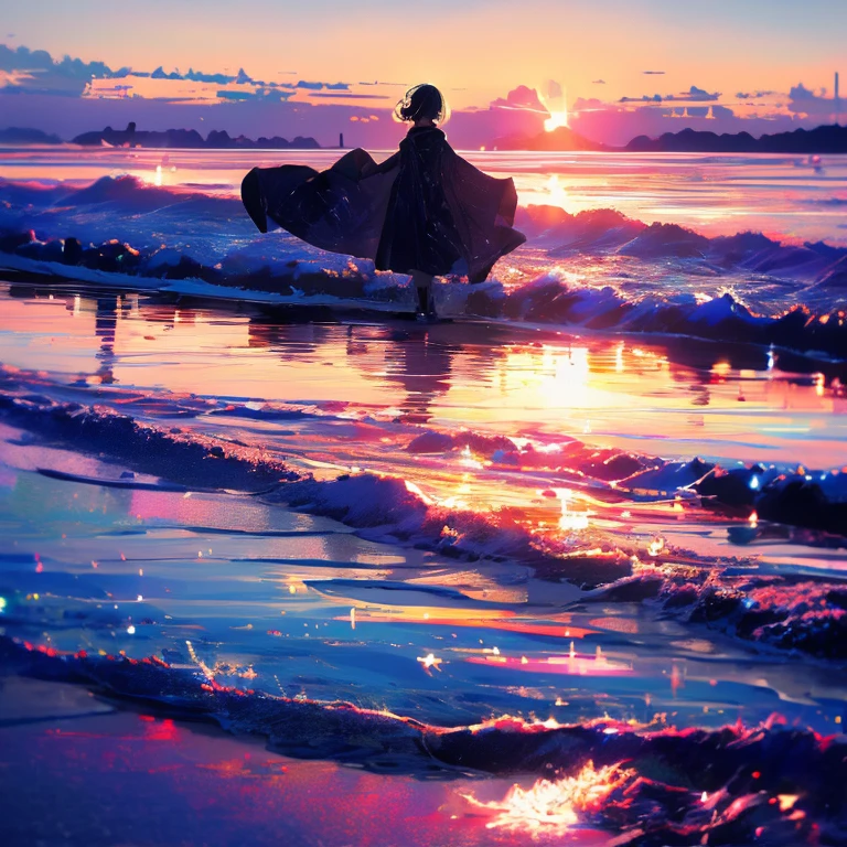 A girl with short blue hair and glasses is wearing a dress and sandals. She is walking towards the sea on the beach, watching the sunrise beyond the horizon. Display the person small so that the whole body is visible. High quality, high definition, and correct limb detail. The background color should be vivid. An illustration with only the person in an anime style.