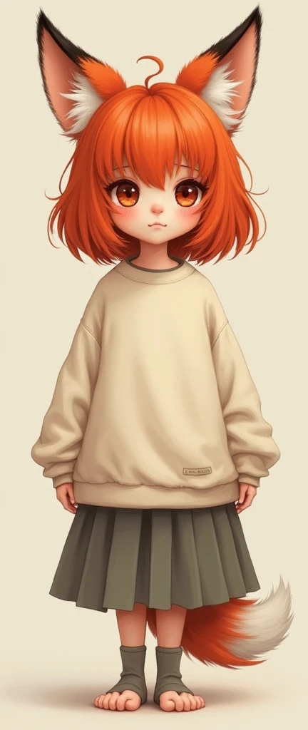 one girl, fox ears, red years, sweat shirt, skirt