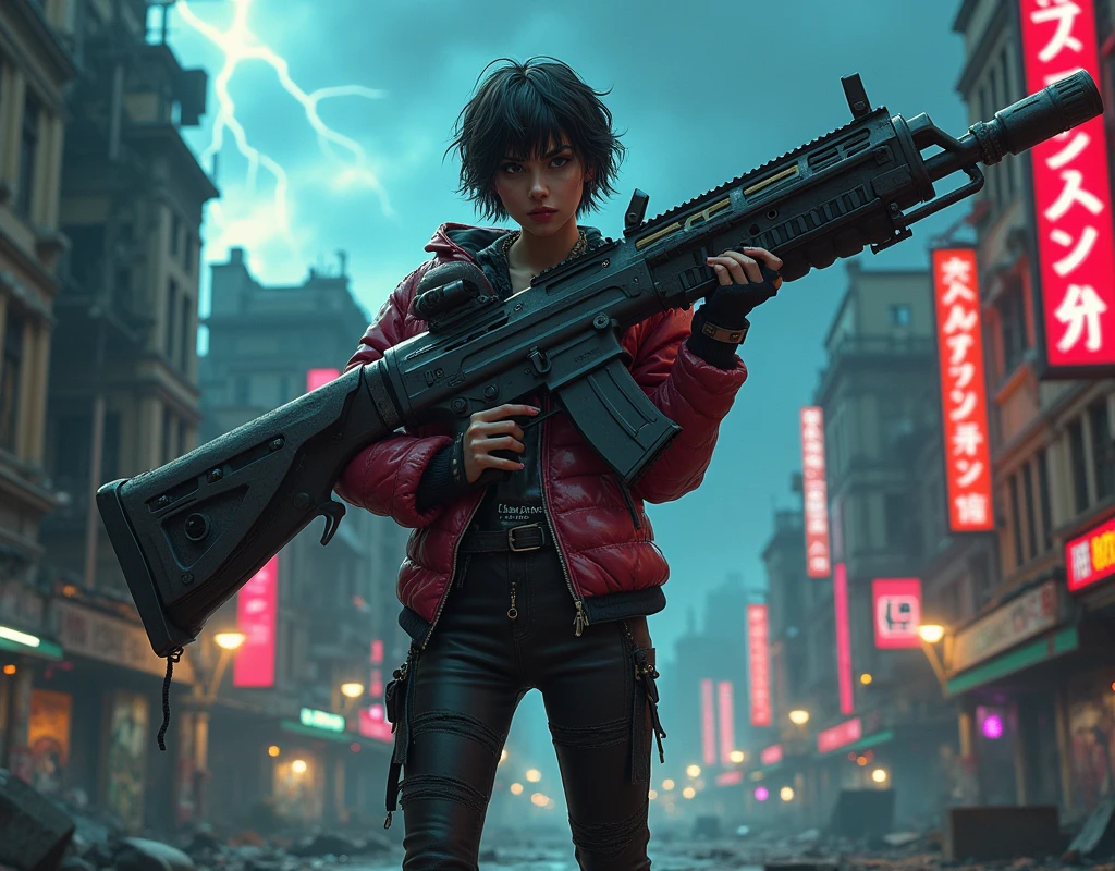A cool, confident girl with a rebellious attitude, standing in an urban, post-apocalyptic environment. She has short, messy hair, a fierce expression, and is casually shouldering a gigantic, massively overiszed futuristic gun. The weapon should be 3 times the size of the girl. Her outfit is a mix of cyberpunk and street style, with neon accents, leather, and metallic details. The background is a gritty cityscape with crumbling buildings, graffiti-covered walls, and flickering neon signs. The sky is dark and ominous, with a few beams of light cutting through the clouds. The atmosphere is tense, with a sense of impending action, and the scene is filled with small details like scattered debris, smoldering ruins, and distant city lights
