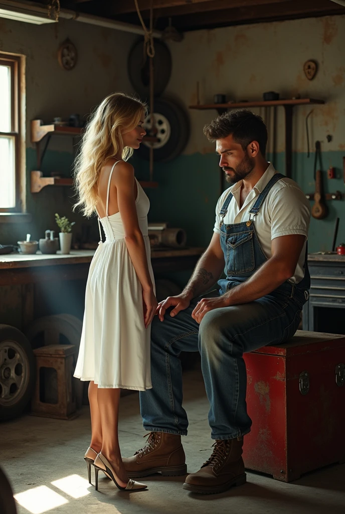 couple, 1 rugged male 1 delicate woman, man sits on a tool box and is a mechanic (Pin-striper:1.3) interior old grimy garage, (painting a pinstripe freehand on an old hotrod car), he's handsome wearing mechanic overalls and boots, she's blond beauty, ((she's wearing pristine clean white satin dress with heels:1.5) interior garage filled with rusty tools, car parts, sports cars and 1950s USA hotrod tires, realistic photo, (38% of photo is black in drawing:1.4), (everything is grimy, dirt, soiled, except woman:0.9), (woman is only clean thing:1.3) , she is intensely looking man (early sunrise light:1.1), (Rembrandt lighting:0.9) ,(relaxed intimate photoshoot), beautiful face, (her hair is blonde and worn updo, french twist,)slight smile, intense presence, (perfect posture:1.4), cozy relaxed, catching us, beautiful hands, kind eyes, gorgeous soft warm lighting:1.4,, incredible details, ((high contrast)), (deep, darkest shadows), (shadow details:1.0), ((taken using Leica camera, aperture: f/2.3)) , hyper-realistic skin, pores, scar, mole, (he's gritty repair car mechanic, she's clean and pretty), healthy skin,, her arms relaxed, he sits on a tool box,she's standing, relaxed moment, bshe's in dark with natural light glow, (romantic light:1.2), radiant skin, perfectly framed face, perfect relaxed hands, perfect fingers, (perfect portrait, incredible eyes:1.1), a work of art, beautiful composition, golden ratio, contrast, masculine and feminine, inspiring, (highest quality fabric texture), every detail,Fine facial features – (Highest Quality) ,Leica camera film, High quality ○○ detailed – ○○ details ultra detailed(Ultra-fine ), Photorealistic, Extremely detailed(Extremely detailed) , (highest detail image, lens flare, realistic)○○ res – ○○ resolution ultra high res(A high resolution),playful relaxed photos