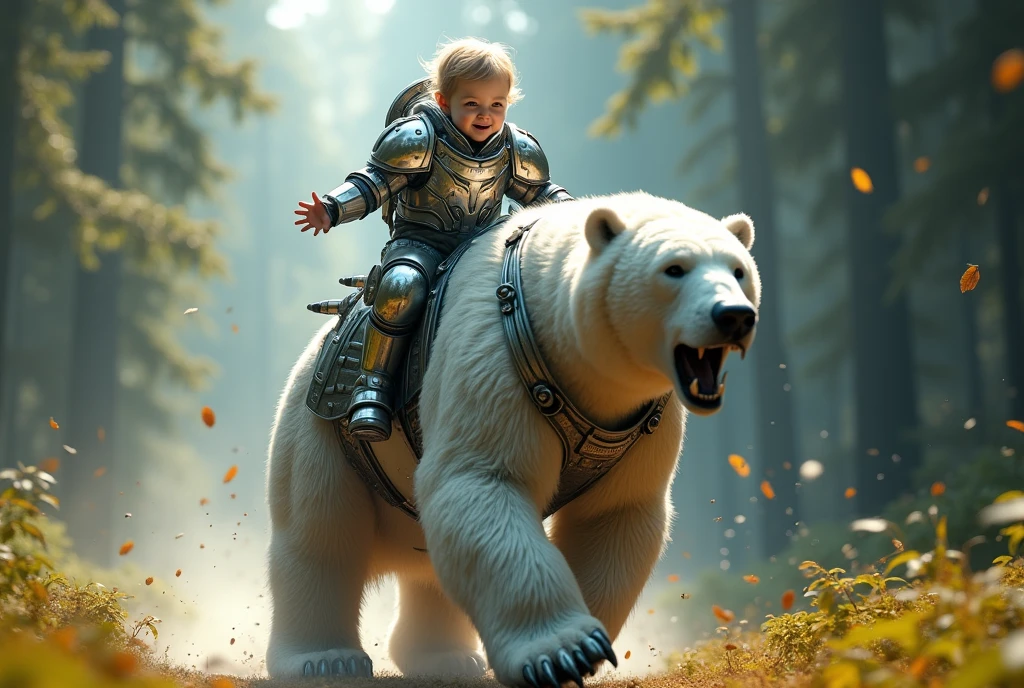 (artwork:1.2), (best quality:1.2), 8K, HDR, ultra detailed, ((photorealistic)), professional light, cinematic lighting, depth of field, A 3 YEAR OLD BABY wearing mechanical paladin armor, RIDING ON TOP OF A BIG AND VERY ANGRY POLAR BEAR WITH CHROME ARMOR RUNNING IN A FOREST, Super Detail, high details, high quality, best quality, high resolution, high definition, 4K, 8K, 16k, sharp 