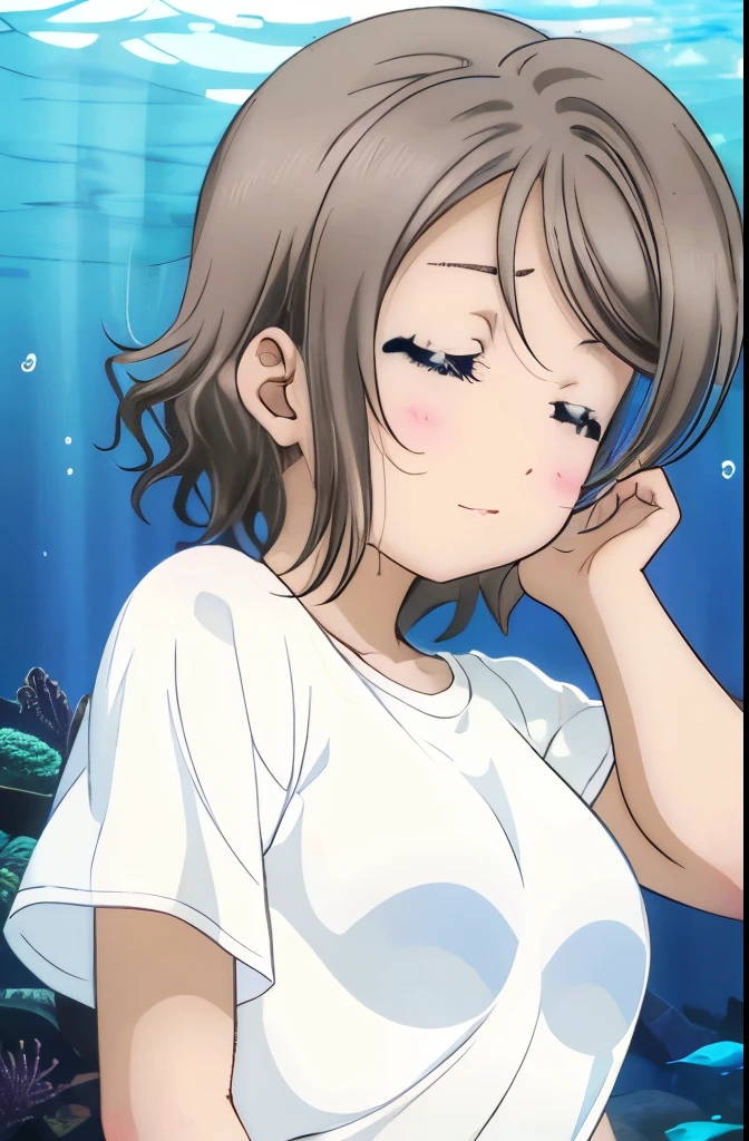 ((Watanabe Yo)),Gray Hair,Large Breasts、White T-shirt,Underwater world,Sleeping (masterpiece:1.2), Highest quality, High resolution, Highly detailed face, Highly detailed CG, ((Perfect hands, )),