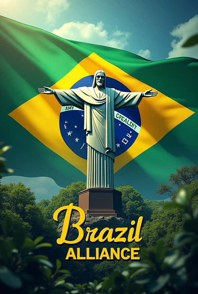 Create an image of a Brazilian flag with elements that represent the country and that says 'Brazil Alliance', something simple, with the statue of their country and that it be animated