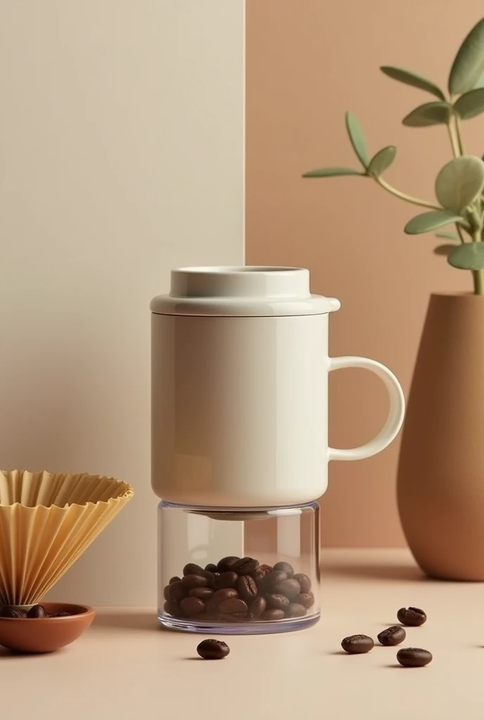 Create an 8 cm high mug with a screw-on lid, that incorporates a space at the bottom to insert coffee beans and grind them with a small grinder, next to the cup put several coffee filters of the same diameter as the cup. Please do it without a logo