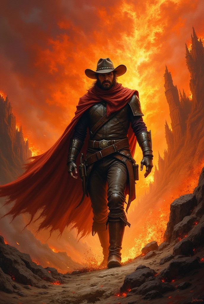 Western painting style、Inferno、A hero who passes through