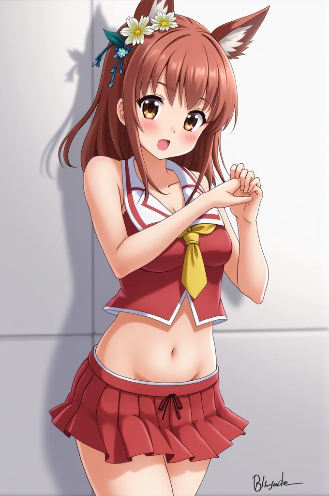 , tt_flat, milking machine, topless, topless, topless, Small breasts, Small breasts, Small breasts, amanogawaki, yellow hairband, , long sleeves, bowtie, white skirt, blue thighhighs, mary janes, Milking equipment, breast rub, Half-taken off school swimsuit, Nipples are visible through the bra, Nipples are visible through the bra, Nipples are visible through the bra, Large nipples, high quality, high detail, beautiful, high resolution, 8K, Super detailed, Anime-like,, Show me your armpits，Put your arms over your head，