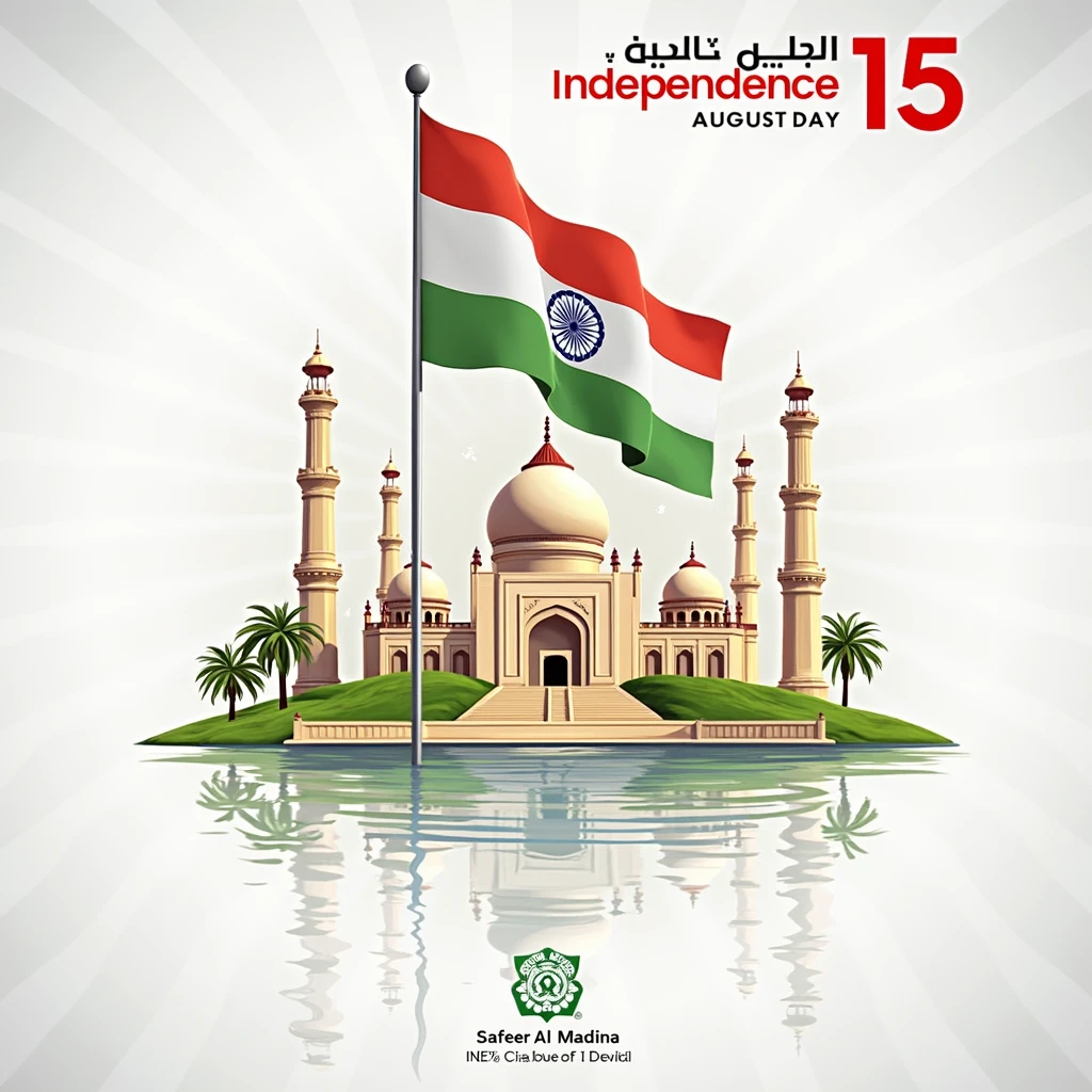 August 15 Independence day poster with safeer al madina general trading written on top corner as company name, no peoples, no writtings except safeer al madina with bold character and geral trading with normal character