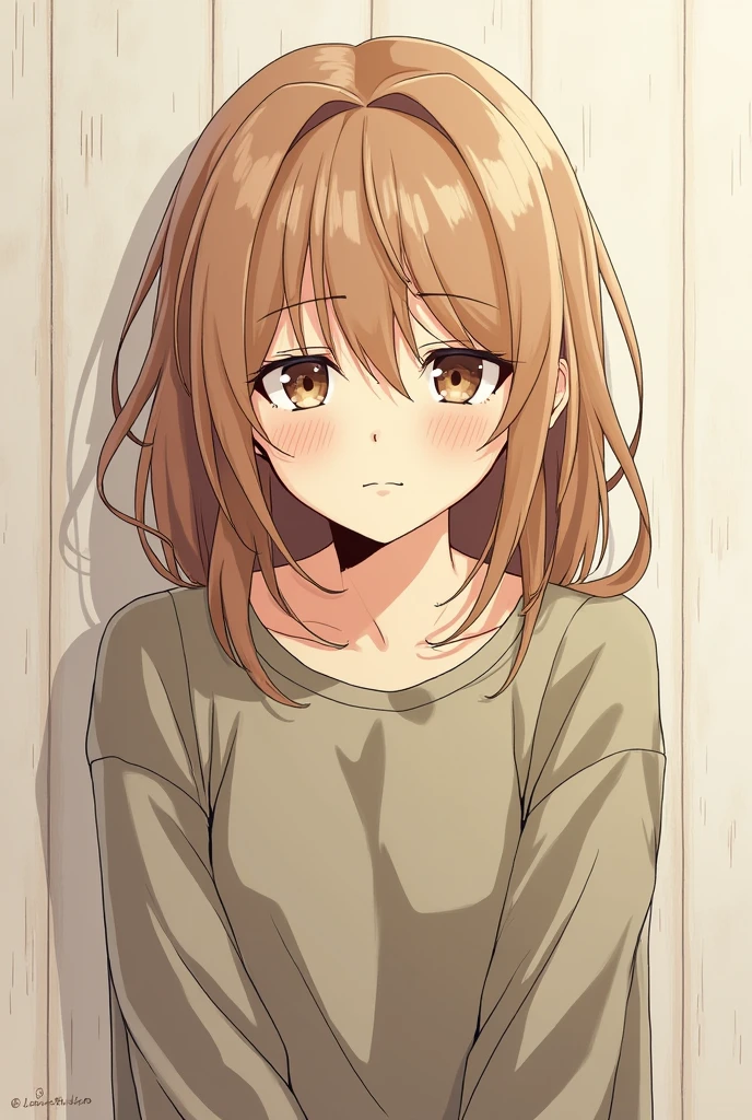 Character with light brown hair down to the shoulder, medium smile and tired eyes with the drawing in the style of the manga sense life