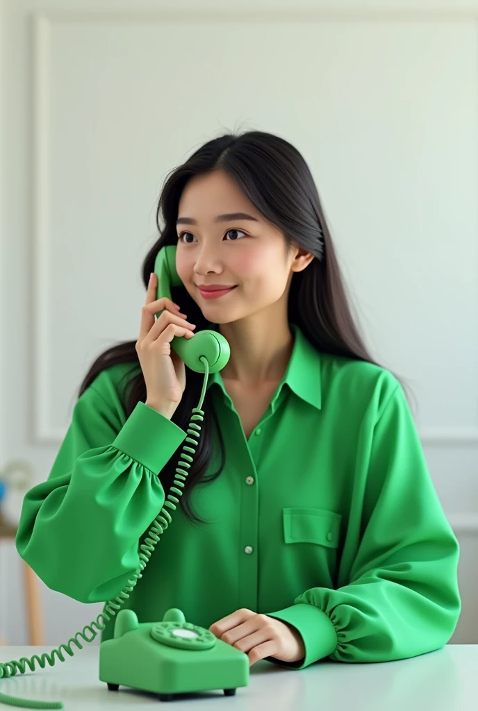 A tribute with a green blouse talking on the green phone, in your home with a white background