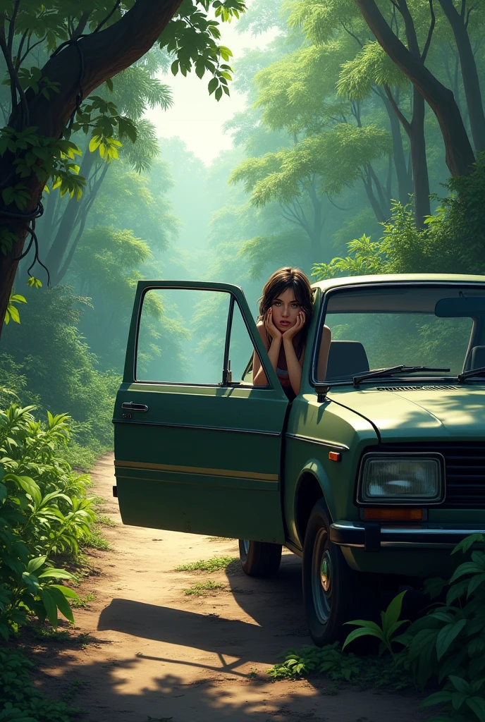 There is a road inside the jungle and a car on that road which is broken, a girl is trapped in it, she is calling for help. (Image)