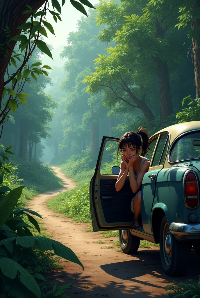  There is a road inside the jungle and a car on that road which is broken, a girl is trapped in it, she is calling for help. (Image)