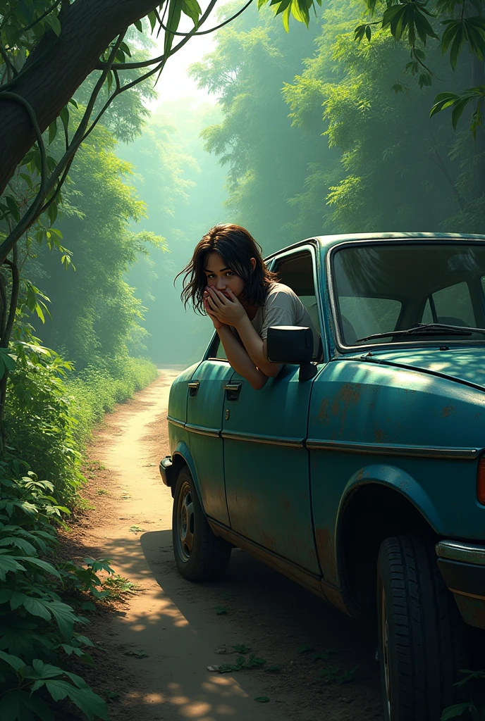 There is a road inside the jungle and a car on that road which is broken, a girl is trapped in it, she is calling for help. (Image)