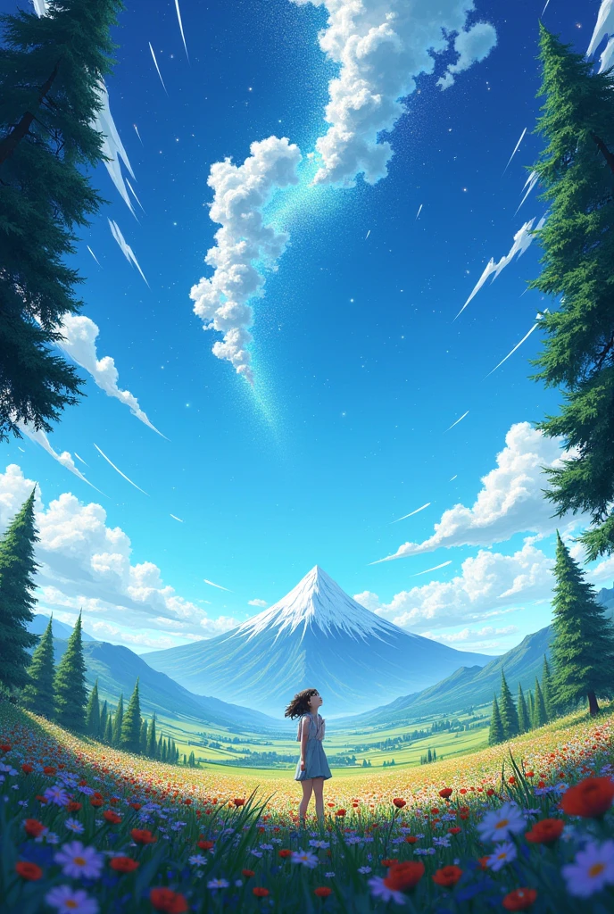 Makoto Shinkai, Vast landscape photography , (View from below,Shows the sky above and the open space below), A girl standing in a flower field looking up, ( meteor:0.9), (Star Cloud:1.3), Fir Mountain, Treebreak Production Art, (Stars Daytime Sky:1.2), (fire Fly:1.2), Starry Sky