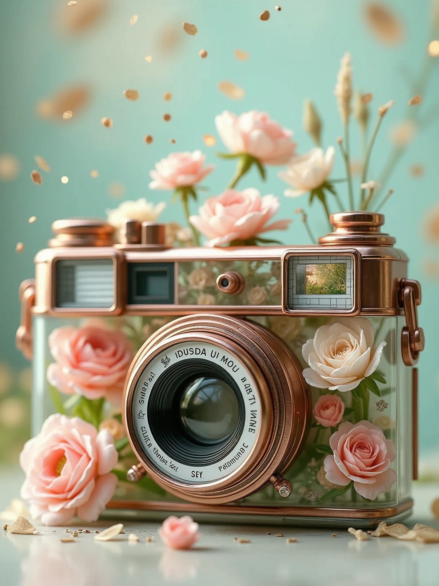 fanciful, translucent vintage camera with metallic copper and silver details, filled with an array of soft pastel flowers including hues of pink and white and green inside it, floating golden sparkles, magical touch to the composition,