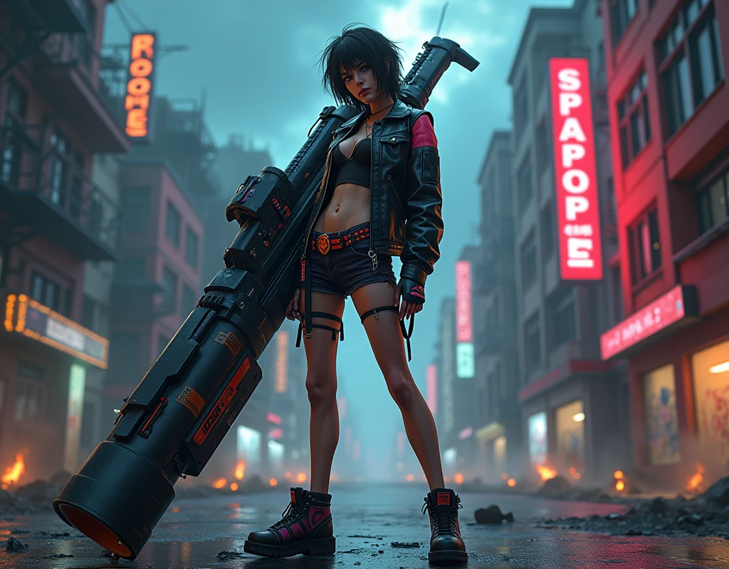 A cool, confident girl with a rebellious attitude, standing in an urban, post-apocalyptic environment. She has short, messy hair, a fierce expression, and is casually shouldering a gigantic, massively overiszed futuristic weapon. The weapon should be 3 times the size of the girl. Her outfit is a mix of cyberpunk and street style, with neon accents, leather, and metallic details. The background is a gritty cityscape with crumbling buildings, graffiti-covered walls, and flickering neon signs. The sky is dark and ominous, with a few beams of light cutting through the clouds. The atmosphere is tense, with a sense of impending action, and the scene is filled with small details like scattered debris, smoldering ruins, and distant city lights