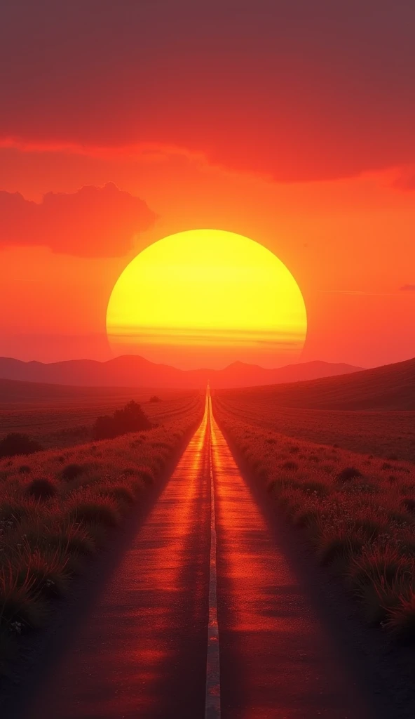 Llanero sunset on a road that disappears into the horizon with a radiant and large sun