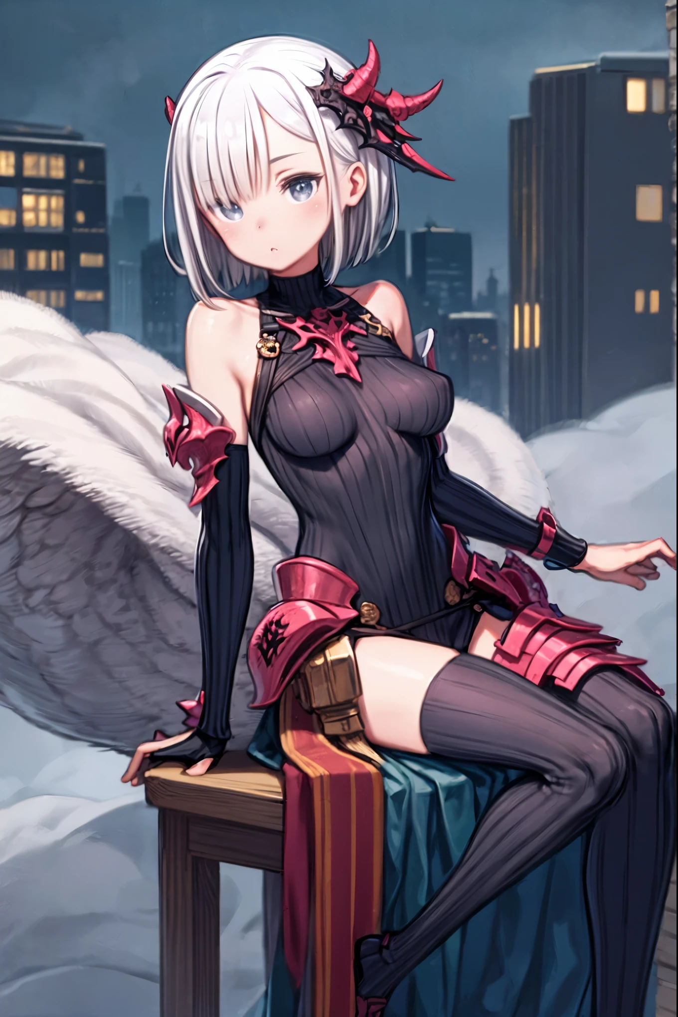 fantasy, 1girl,young_teen, ,silver_hair, short_hair, long_bangs, bare_shoulder,thighhighs,silver_armor, waist_armor, large_breasts,half_eyes,floating, bare_crotch, headgear,gauntlet, greaves,city_background,slightly_spread_legs, solo, groin_naked,hair_over_one_eye,