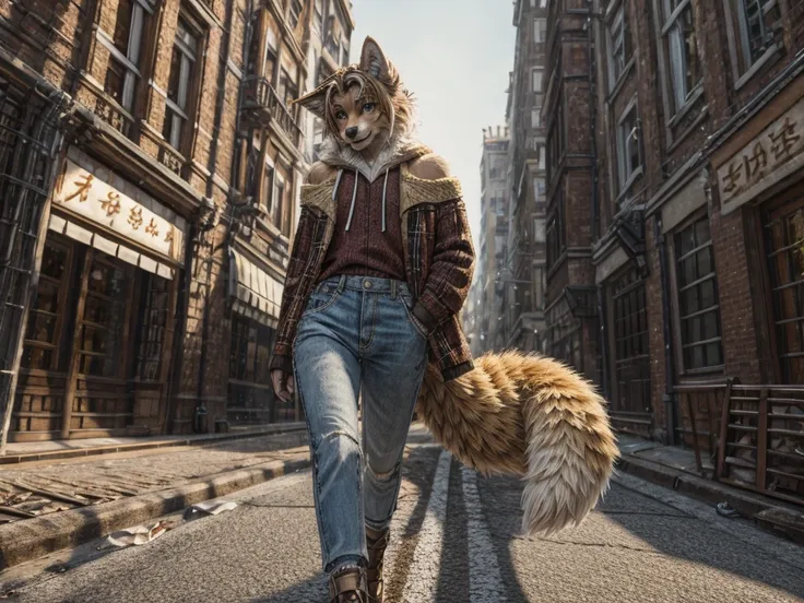 high quality、detailed images、)、one person、dog man(full body golden fur、hair that falls slightly to the shoulders、fluffy tail、wai...