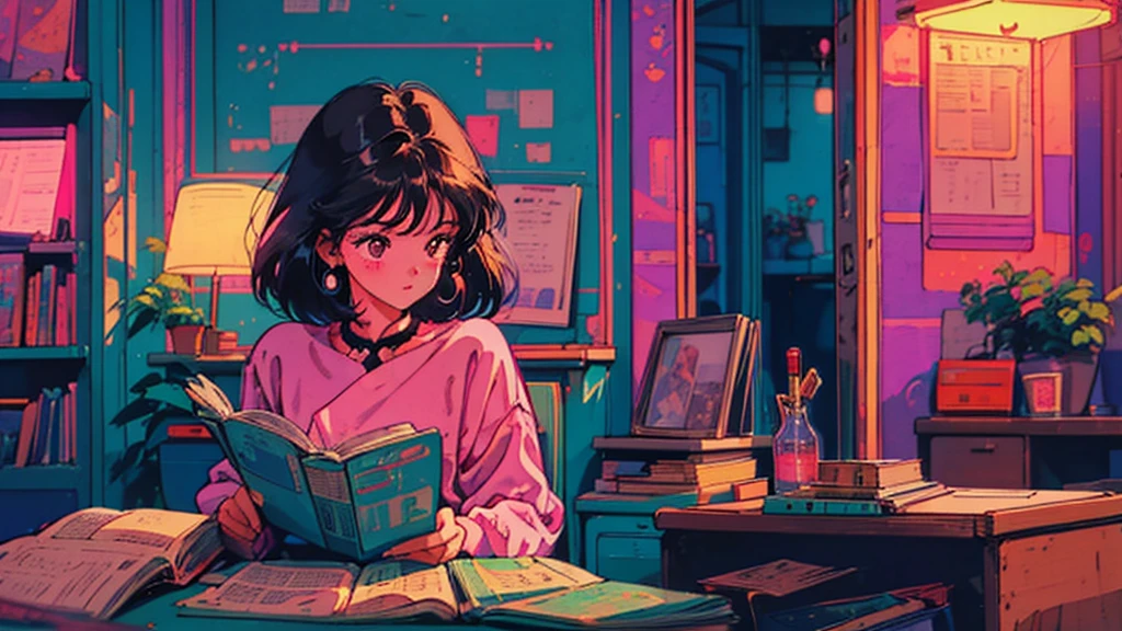 City Pop　chill　night　Retro　night景　the 90s　purple　pink　room　reading　lofi 　The person is small　dusk　profile　Large background　1 person　Lo-Fi　Lo-Fi女子　dim　Bokeh　Pale Light　whole body　(独奏: 1.5) alone 1girl