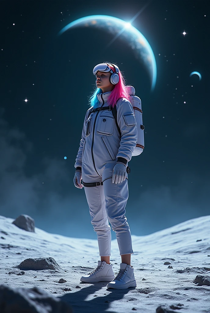 A realistic depiction of a woman in shorts and a small t-shirt standing on the moon with a space background, stars and planets. multicolored hair, goggles, headphones, eyes closed, eyes closed, Futurism, glowing light, sparkle, chromatic aberration abuse, atmospheric perspective, UHD, retina, high quality, highres, 16k