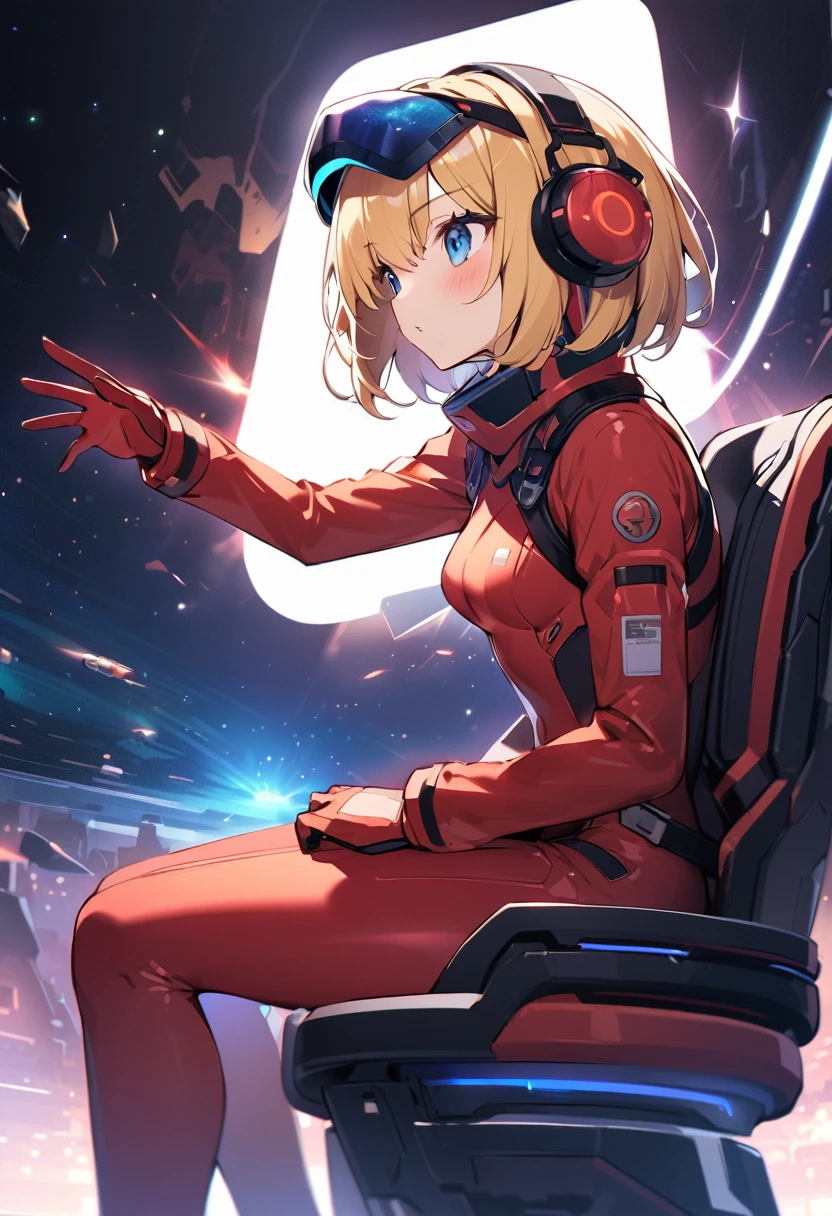 ( short hair, street, Emo, Blonde, Blue Eyes, ,headphone,eyeliner, Apocalypse, , internal (cockpit) of (Futuristic spaceship:1.6), , blush,Sit on a chair, Covered navel, Space Helmet, Mvrów, Space Helm, Plug Suit , Space Helmet, Eva Helm,Red bodysuit, short hair, From the side,Upper Body,close,Looking this way、background moving at high speed、