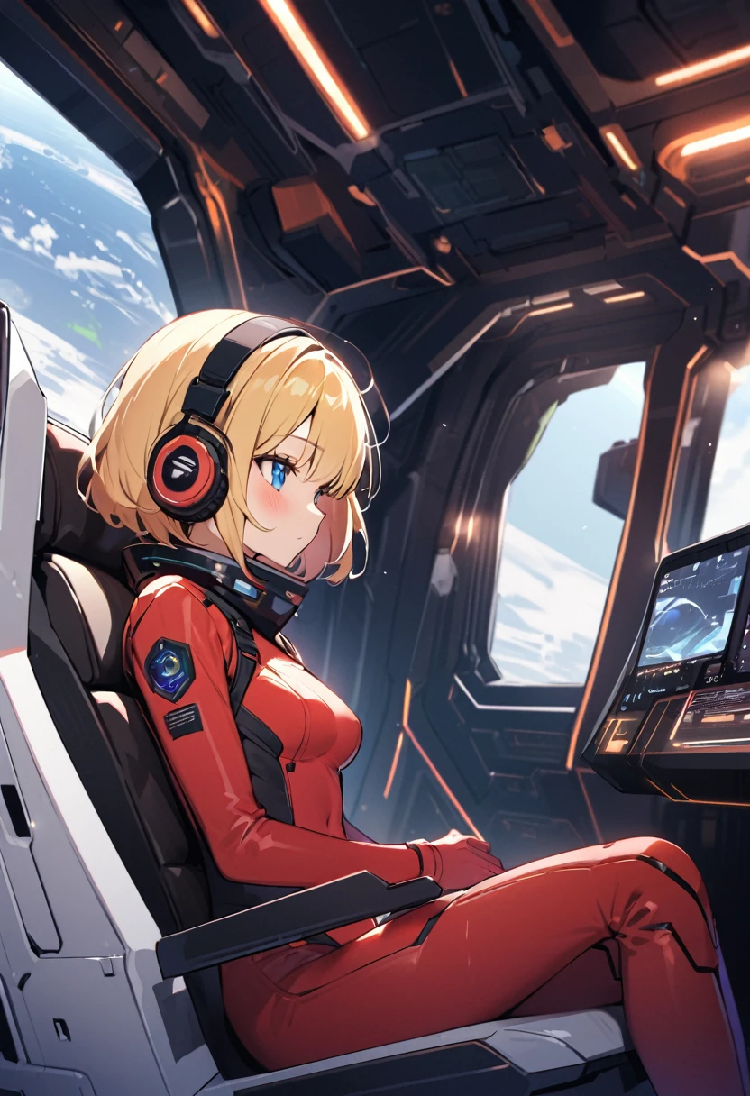 ( short hair, street, Emo, Blonde, Blue Eyes, ,headphone,eyeliner, Apocalypse, , internal (cockpit) of (Futuristic spaceship:1.6), , blush,Sit on a chair, Covered navel, Space Helmet, Mvrów, Space Helm, Plug Suit , Space Helmet, Eva Helm,Red bodysuit, short hair, From the side,Upper Body,close,Looking this way、background moving at high speed、