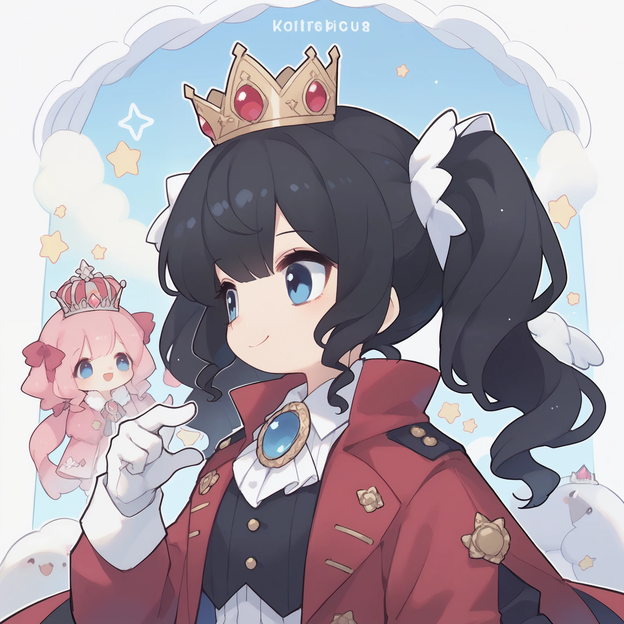 Blink、Profile graph，Blue Eyes，Black twin ponytails，Crimson coat，crown，Sapphire Brooch，Smile，Star，White gloves，Pigeon，（Black hair），（front），good at，Akimbo，（（Black hair））