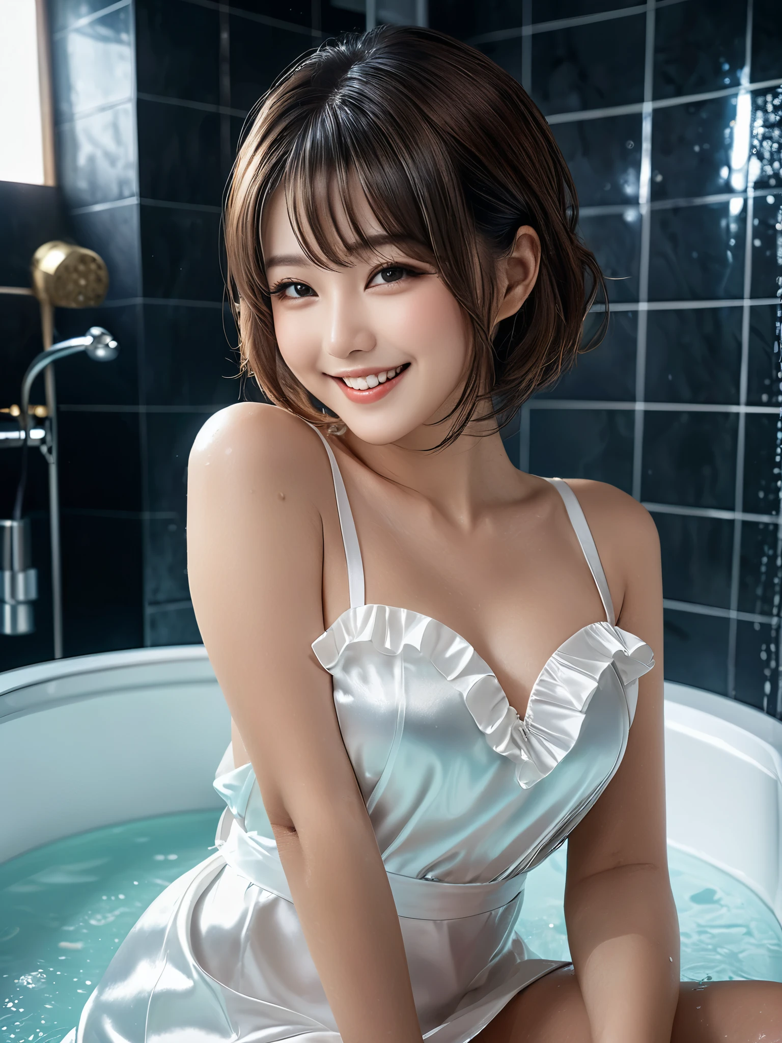 product quality, 1girl, full body shot, front view, a Japanese young pretty girl, shoulder length bob hair, wearing only a silky satin white apron with white frills over her naked body with a big smile, sitting in a luxury shower room, glamorous figure, wet hair, wet body, busty, hyper cute face, glossy lips, double eyelids in both eyes, natural makeup, long eyelashes, shiny smooth light brown hair, asymmetrical bangs, fair skin, central image, high resolution, high detail, detailed hairstyle, detailed face, cinematic lighting, octane rendering, vibrant, hyper realistic, perfect limbs, perfect anatomy