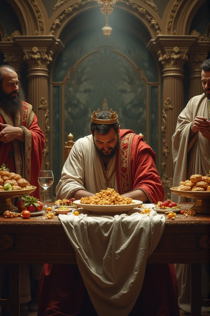 Crie uma imagem hiper-realista e misteriosa de Solomon em um grande banquete ao ar livre, where he is sitting at a table with several people from different social classes. The table is full of various foods, from exotic fruits to roast meat, and all the guests are dressed in typical period clothing, with linen tunics and colorful cloaks. Solomon, dressed in a dark wool tunic with gold embroidery and a richly ornamented red cloak, raise a glass to toast, as guests express joy and gratitude. The soft light of the surrounding torches illuminates the scene, creating an atmosphere of celebration and camaraderie, symbolizing that generosity creates bonds of unity and shared prosperity.