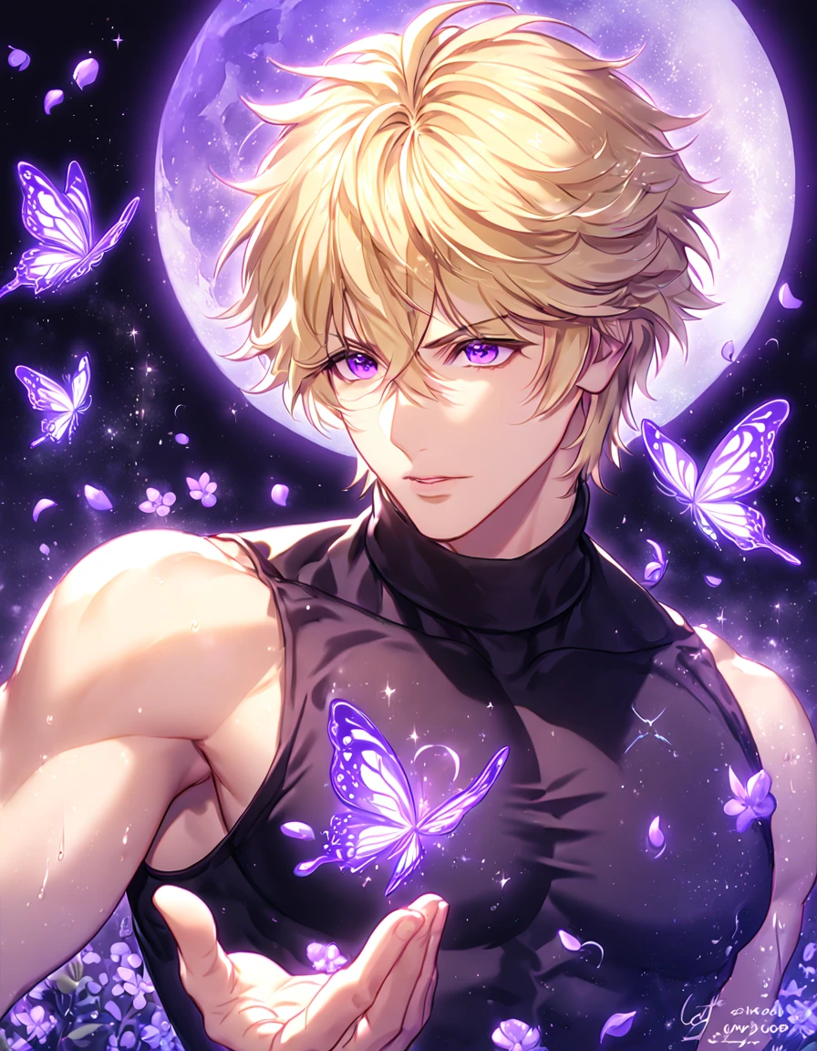absurdres, highres, ultra detailed, HDR, master piece, best quality, extremely detailed, Genjou Sanzo, blonde hair, expressive purple eyes, Saiyuki Reload, solo, sexy man, handsome, sensual, manly man, black tight turtleneck shirt, sleeveless, fantasy, magical, shining, purple flowers, blossoms, water, purple petals, purple butterflies, sparkling, purple moon, starry sky