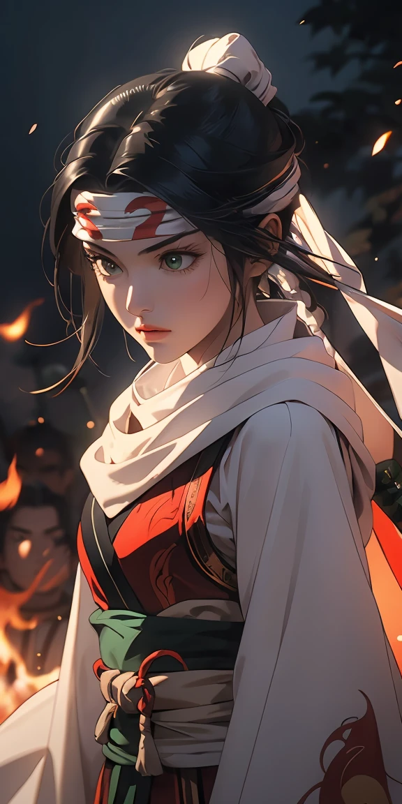 masterpiece, highest quality, 1 girl, Create a dynamic portrait of a young Japanese warrior woman in three-quarter view, facing slightly to the right. Her eyes are closed in deep concentration, eyebrows slightly furrowed. Long, silky black hair is tied high on her head, with a few strands escaping to frame her face. A white headband with a round green gem sits on her forehead. Her pale skin has a soft glow, with a hint of pink on her cheeks and lips. She wears a white kosode (kimono-style top) with wide sleeves and a red hakama (pleated skirt-like pants). A green and yellow obi (sash) is tied around her waist. Dark arm wraps cover her forearms. She grips a katana with both hands, the blade crossing diagonally in front of her body from lower left to upper right. The sword's hilt is ornate, featuring green wrapping and gold accents. The character is in motion, her clothing and hair flowing dramatically. White and red fabric billows behind her, creating sweeping curves that contrast with the straight line of the sword. The background is dark and atmospheric, with hints of orange and red suggesting fire or embers. Sparks or small flames float in the air around her. Lighting is dramatic, with a strong light source from the upper left casting shadows and creating a rim light effect on the character's right side. The overall style should blend traditional Japanese art with modern fantasy illustrations, emphasizing clean lines and a sense of movement and power.
