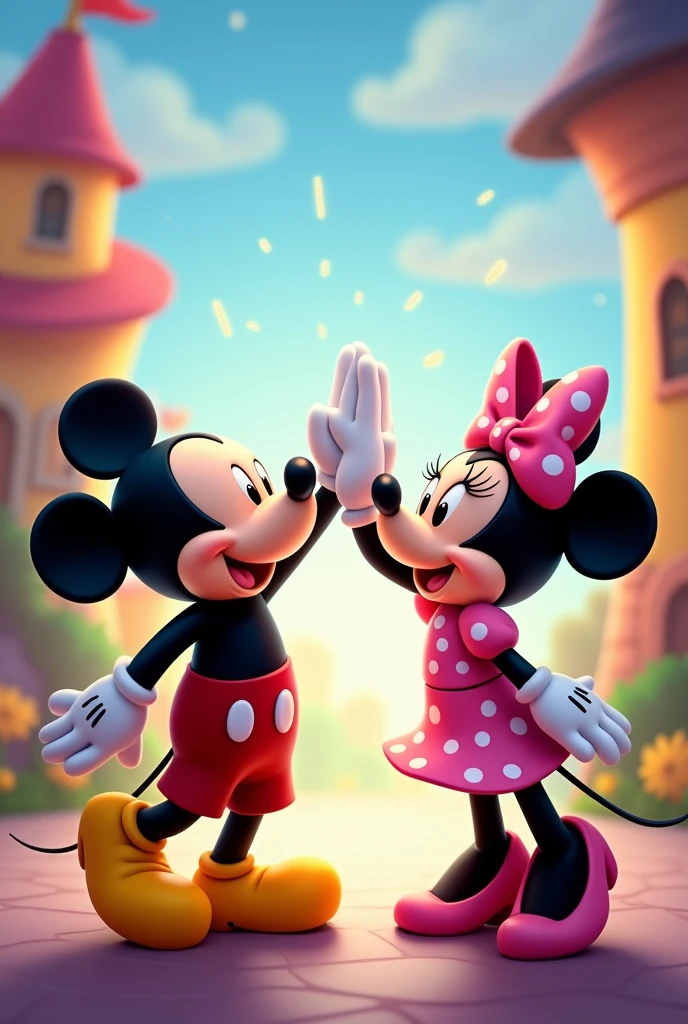 Make a picture of Mickey and Minnie mouse giving each other a high five