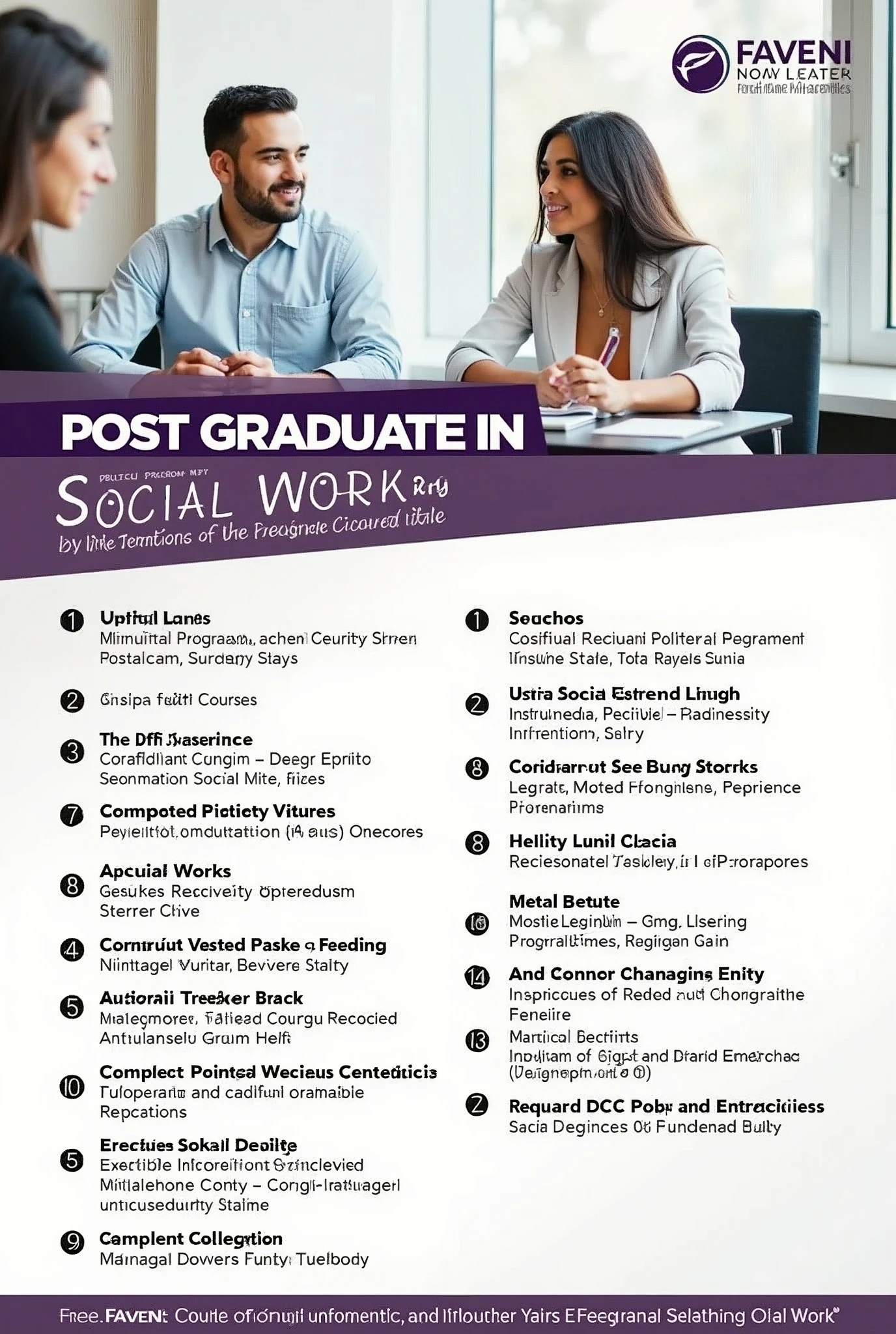 Image for instagram ad 1080 x 1080 pixels, Inform the name of the university FAVENI. Say it is recognized by the MEC. Let it be known in big letters, POST GRADUATE IN SOCIAL WORK. And place the following courses below. POST GRADUATE IN SOCIAL WORK
1. SOCIAL ASSISTANCE AND PUBLIC HEALTH – 750 H
2. SOCIAL WORK IN EDUCATION – 620 H
3. SOCIAL WORK WITH FAMILIES AND COMMUNITY – 720 H
4. MENTAL HEALTH – 750 H
5. SOCIAL WORK MANAGEMENT - 520 H
6. SOCIAL PROJECTS AND PUBLIC POLICIES – 750 H
7. SOCIAL WORK IN ONCOLOGY - 750 H
8. CHILDREN'S RIGHTS, YOUTH AND ELDERLY – 520 H
9. MANAGEMENT OF SUAS - SINGLE SOCIAL ASSISTANCE SYSTEM - 620 H
10. ELDERLY HEALTH AND GERONTOLOGY – 750 H
11. SOCIAL PSYCHOLOGY – 720 H
12. SOCIO-LEGAL ASSISTANCE AND PUBLIC SECURITY – 750 H
13. SOCIAL WORK AND SOCIAL SECURITY – 720 H
14. SOCIAL WORK AND MANAGEMENT OF SOCIAL PROJECTS – 520 H
15. MANAGEMENT OF SOCIAL PROJECTS AND PROGRAMS – 720 H
16. MENTAL HEALTH WITH EMPHASIS ON CHEMICAL DEPENDENCY – 750 H
17. INSTRUMENTALITY OF SOCIAL WORK – 520 H
18. ARBITRAGE, CONCILIATION AND MEDIATION – 720 H
19. SOCIAL WORK IN DISASTER SITUATIONS – 720 H
20. NGOs, THIRD SECTOR AND SOCIAL RESPONSIBILITY – 750 H
21. SINASE - NATIONAL SYSTEM FOR SOCIO-EDUCATIONAL ATTENDANCE - 750 H
22. HUMAN RIGHTS AND RE-SOCIALIZATION – 520 H
23. DOMESTIC VIOLENCE – 720 H
24. FAMILY RELATIONS – 360 H
25. SOCIAL EDUCATOR - 750 H
26. FAMILY LAW – 620 H
27. TOXICOLOGY AND QUALITY OF LIFE – 750 H
28. PEOPLE MANAGEMENT – 780 H
29. HUMAN RESOURCES – 520 H
30. PEOPLE AND HUMAN RESOURCES MANAGEMENT – 720 H