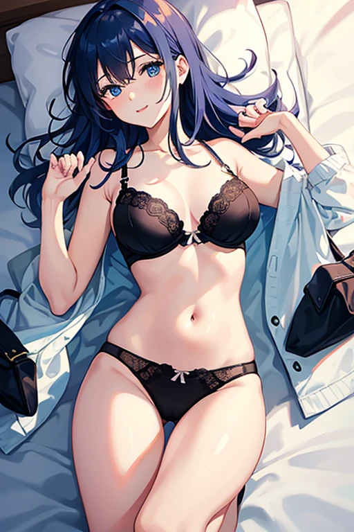masterpiece, Highest quality, Girl, Spread your legs, lie down「On the futon」, underwear, Open your eyes wide, alone, Short, blue hair, Wicked Smile, Hold both legs with your hands, blue eyes, wing , young, White skin, Thin legs, From before, White bra ,Mob Cap, Dark Background