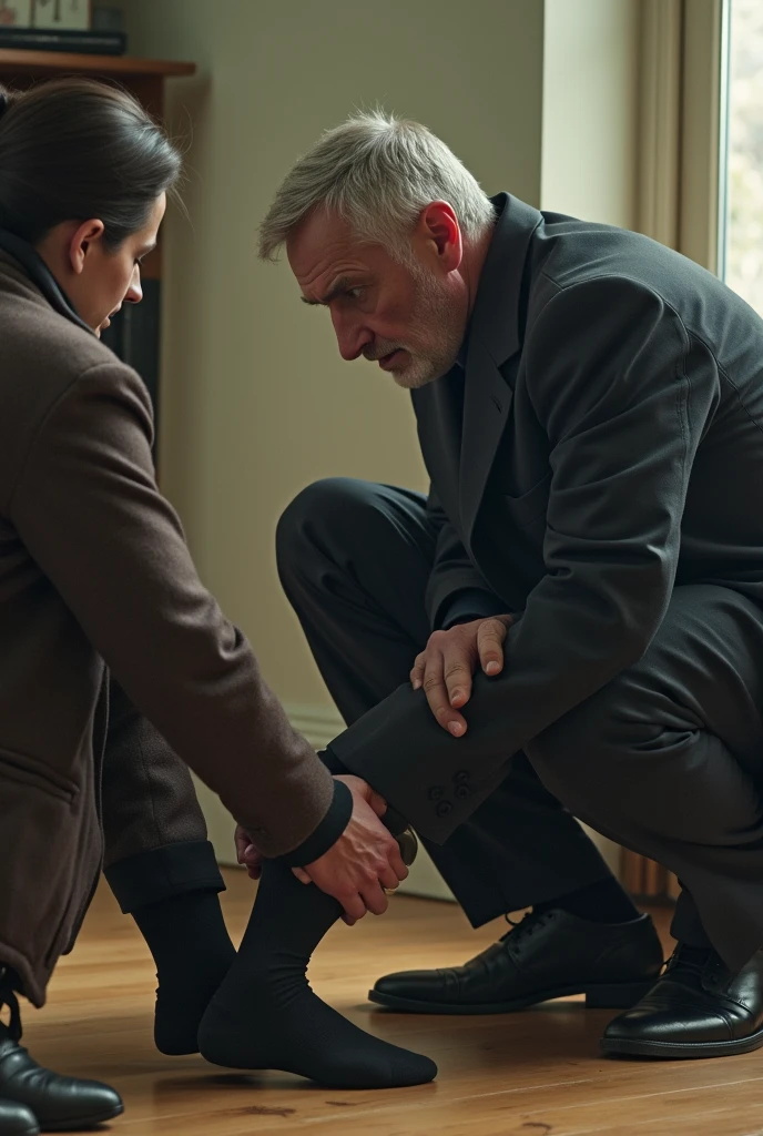 A man smelling black socks from another man's foot