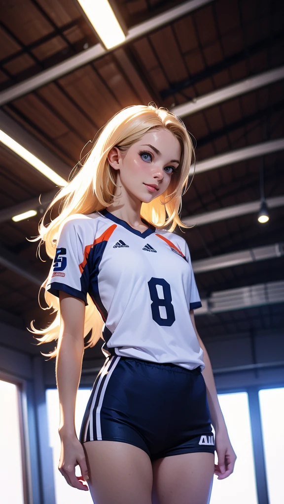 (masterpiece, best quality, chromatic lighting, professional quality, high detail), beautiful 18 year girl, long blonde hair, blue eyes, seductive smile, wide hips, skinny waist, girl's volleyball, long tight jersey, navy blue tight shorts