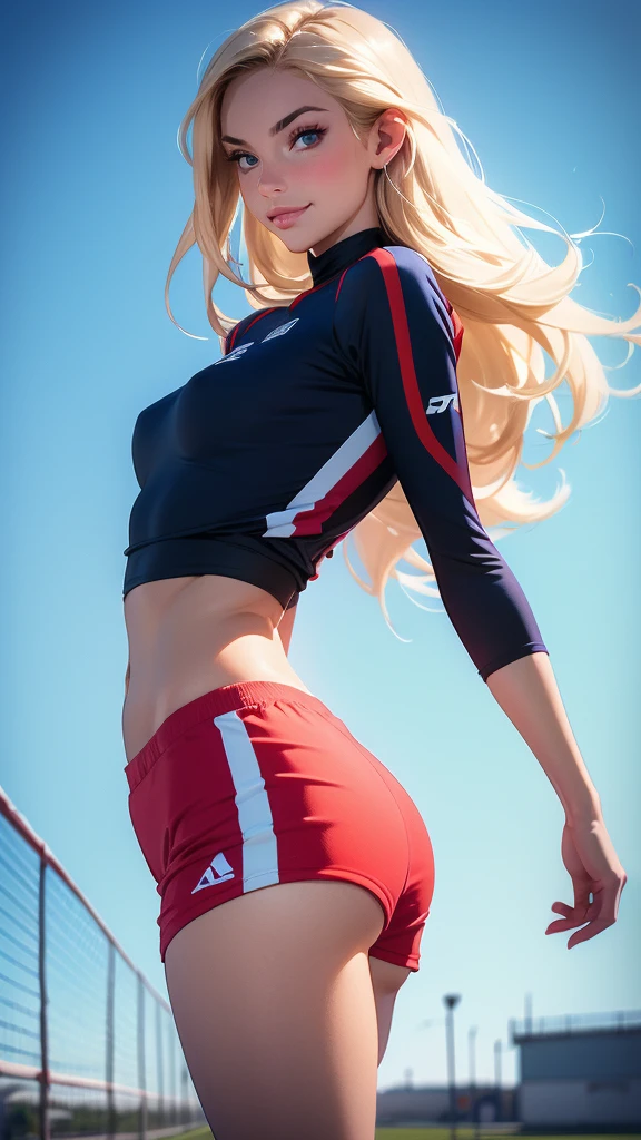 (masterpiece, best quality, chromatic lighting, professional quality, high detail), beautiful 18 year girl, long blonde hair, blue eyes, seductive smile, wide hips, skinny waist, girl's volleyball, long tight jersey, navy blue tight shorts