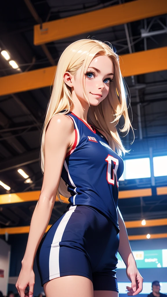 (masterpiece, best quality, chromatic lighting, professional quality, high detail), beautiful 18 year girl, long blonde hair, blue eyes, seductive smile, wide hips, skinny waist, girl's volleyball, long tight jersey, navy blue tight shorts