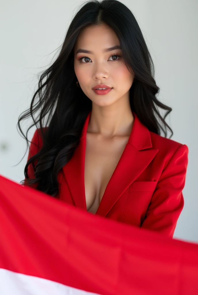 Portrait, Beauty Woman, Long Hair, Black Hair, Hold Indonesian Flag, Shirt, Focus Camera, Editorial pose, Blazer Red, Tie, White Background