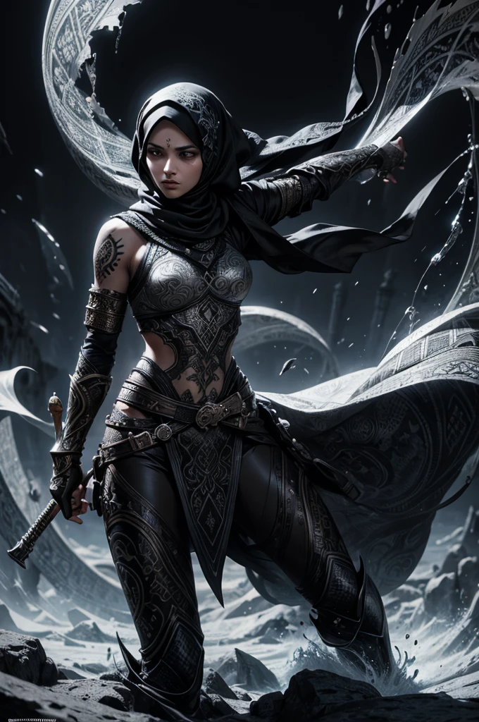 A female Muslim warrior, ornate Arabic calligraphy, intricate tattoo patterns, swirling ink splashes, monochromatic black, white and grey tones, photorealistic, 8k, masterpiece, ultra-detailed, dramatic lighting, concept art, hyper-realistic, cinematic composition