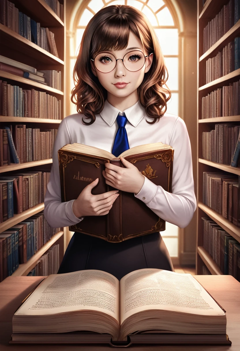 a girl with brown shoulder-length hair, bangs, wearing round glasses in a library, detailed face and eyes, beautiful intricate portrait, photorealistic, 8k, high resolution, extremely detailed, masterpiece, cinematic lighting, warm color tones, cozy atmosphere, books and shelves in background, natural skin tones, elegant pose, thoughtful expression