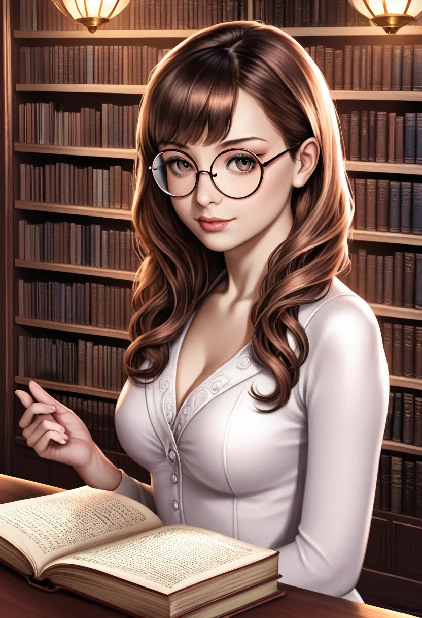 a girl with brown shoulder-length hair, bangs, wearing round glasses in a library, detailed face and eyes, beautiful intricate portrait, photorealistic, 8k, high resolution, extremely detailed, masterpiece, cinematic lighting, warm color tones, cozy atmosphere, books and shelves in background, natural skin tones, elegant pose, thoughtful expression