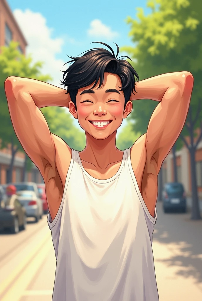 Realistic and real, detailed drawing, 18-year-old boy, smiling, raise hands show armpit hair, Sunny day, Tank top, chinese american boy, Slim
